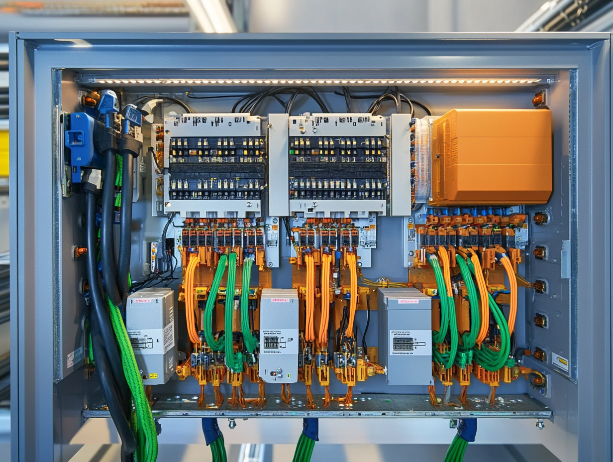 A close-up shot of a charging station undergoing certification testing in a laboratory, with engineers in the background. The image should emphasize precision and compliance.